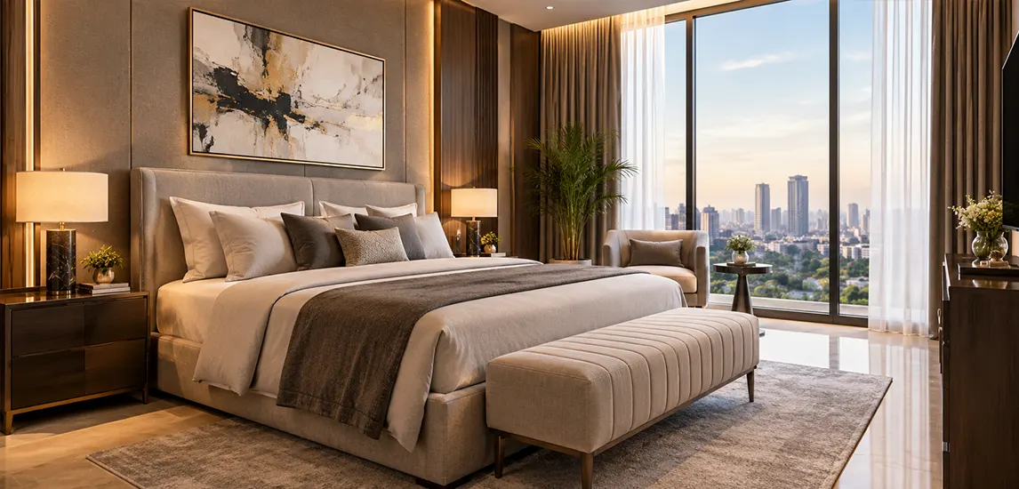 Bedroom render at The Vault Majan